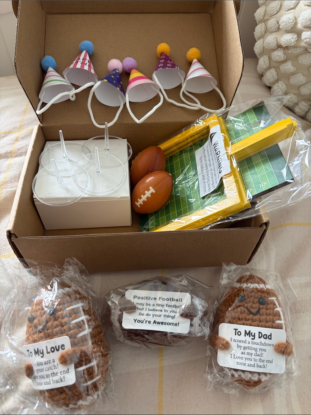 Football-Themed Party Hat and Mini Goal Kit with Three Crocheted Footballs NIB